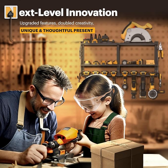 Power Tool Organizer Wall Mount with Charging Station, 15 Min Assembly & Maximum 420lb Load by Heavy Duty Metal, 8 Slots for Cordless Drill, Tool Battery Holder with 6 Outlet Power Strip