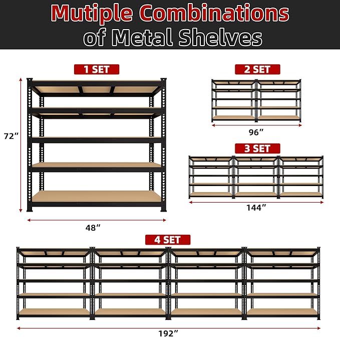 48" W x 24" D x 72" H Adjustable Garage Storage Shelves - 5-Shelf Heavy Duty Shelving Unit, Metal Utility Storage Organizer Racks for Warehouse Pantry Closet Kitchen, Black
