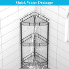 3 Tier Floor Standing Corner Shower Caddy Organizer Shelf with Hooks, Bathroom Shelves Stand Rack, Black