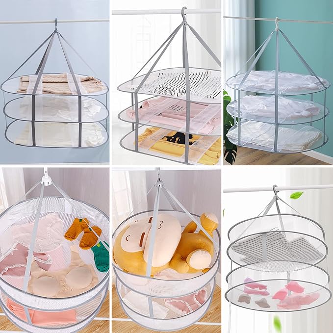 AUTODECO 2 Pack 2-Tier Folding Mesh Clothes Hanging Dryer, Sweater Drying Rack, Large Laundry Drying Rack, Lay fold Flat Dry Hanger, Mesh Clothes Hanging Dryer - M(2Tier)+L(2Tier)