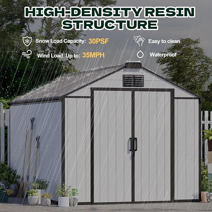 8 x 10 FT Plastic Outdoor Storage Shed with Floor, Resin Storage Tool Shed with Windows and Lockable Door, Outdoor Garden Shed for Lawnmower, Bike, Pool Supply