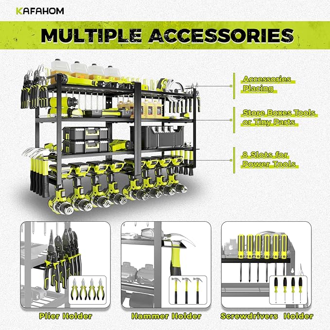 KAFAHOM Power Tool Organizer Wall Mount, 4-Tier Drill Holder for Cordless Tools, 2-Pack Set, Garage Storage Rack with Side Hooks for Hammers & Pliers, Tool Organizer for Workshop/Utility Room