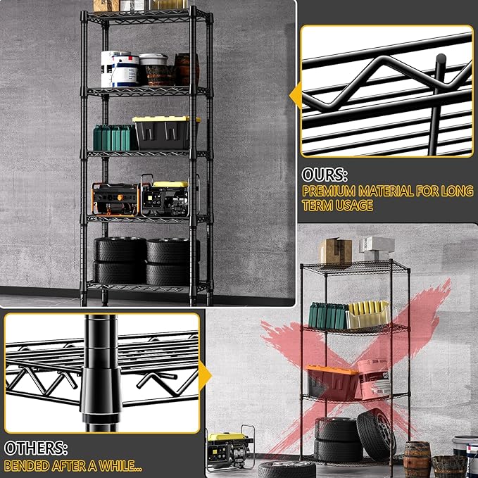 1250 lbs 5 Tier Shelf Metal Storage Shelves Wire Rack Closet Organizers for Garage Kitchen Bathroom Laundry Black 11.8" D x 23.6" W x 59.5" H