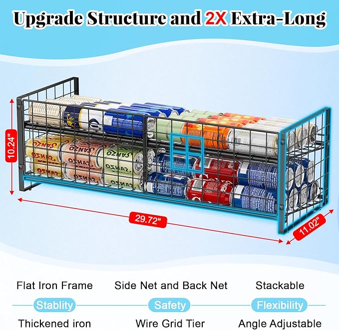 2-Pack Stackable Can Rack Organizer for Pantry, Stable Extra Long Storage for Kitchen Cabinet Cupboard, Rolling Can Holders for Canned Food, Dispenser for Snacks and Canned Soda