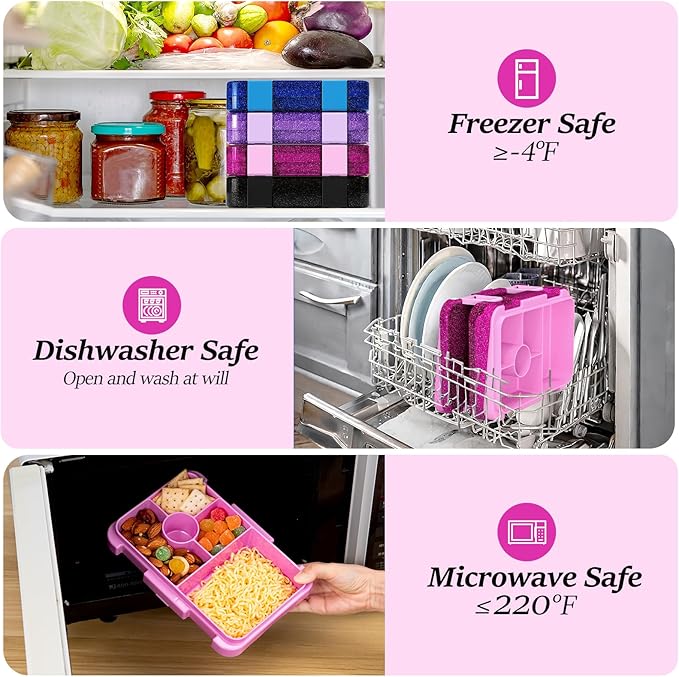 Bento Lunch Box for Kids, 6 Compartments BPA Free, Dishwasher Safe Back to School Snack Bento Lunch Containers Boxes, Ideal Portion Sizes for On-the-Go Meal, Shiny Rose