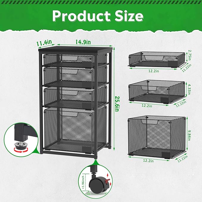 Rolling Storage Cart with Drawers, Utility Cart with Wooden Tabletop and Lockable Wheels Multifunctional Storage Organizer Craft Cart for Classroom, Bedroom, Bathroom, Office, Black