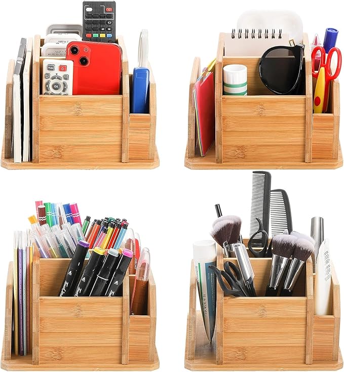 yarlung Bamboo Rotating Remote Control Holder for Table, 7 Compartments Office Supplies Organizer 360° Spinning Desktop Storage Caddy for Pen, Colored Pencil, Book Sewer, Sticky Notes