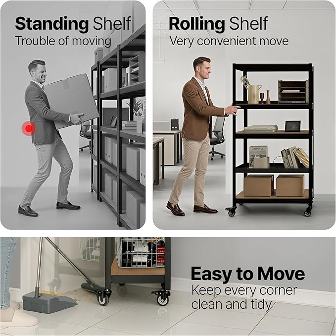 HOMEDANT House 5 Tier Heavy Duty Garage Shelving Adjustable Metal Rack Storage Shelves Standing Shelf Unit Organizers Pantry Closet Office (1, Black, (Wheels) 24.4" W x 16.2" D)