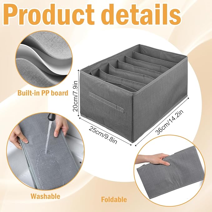 6 Pack Foldable Wardrobe Clothes Organizer with Handle 7 Grids Stackable Closet Drawer Organizer for Jeans, Pants, Sweaters, T-Shirts, Leggings, Grey