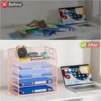 5-Tier Stackable Paper Organizer with Handle, Pink Metal Mesh Letter Tray | Stylish Desk File Sorter for Office, Home & Classroom Supplies