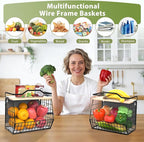 Magnetic Shelf for Fridge with Wood Lid, 2 Tier Fruit Baskets Wall Mounted Hanging Basket with 4 Hanger Hooks, Potato and Onion Magnetic Storage Bins for Kitchen Counter, Refrigerator, Cabinet