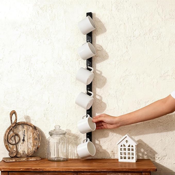 Wall Mounted Coffee Cup Holder - Slim Design Mug Rack with Hooks, Space-Saving Organizer for Kitchen, Office, and Coffee Bar - Holds Multiple Cups, Easy Installation, Versatile Display