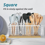Suli Extra Large Kitchen Utensil Holder with 4 Compartments，Metal holder with Wooden Base for Kitchen Countertop，Farmhouse Cooking Utensil Storage, Rustic Cooking Utensil,Silvery