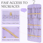 2 Pack Hanging Jewelry Organizer Storage with 39 Pockets, 30 Necklace Hooks Double Sided Wall Mount Earring Holder Organizer Bracelet Necklace Jewelry Display Hanger for Closet Door (Purple)