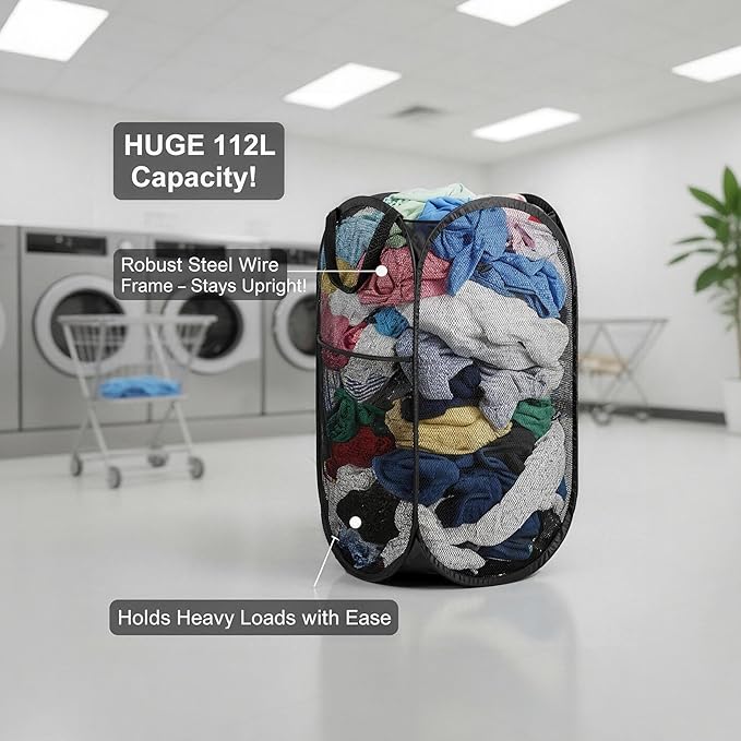 5 Pack Commercial Pop Up Laundry Hampers, 112L Large Capacity, Foldable Mesh with Steel Frame, Oxford Fabric Bulk Laundry Baskets for Hotels, Dorms, Shelters and Property Management