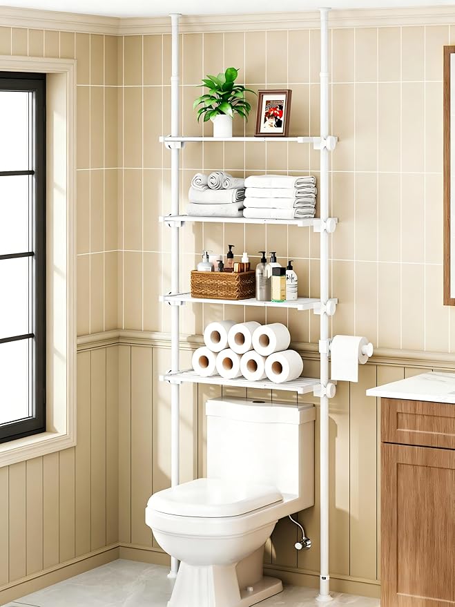 ALLZONE Adjustable Over The Toilet Storage Shelf, 4-Tier Ample Over Toilet Bathroom Organizer and Storage,Tension Mounted Above Toilet Storage Cabinet for Versatility, Fits 64-113 Inch Heights, White