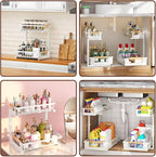 2 Pack Under Sink Organizer, 2 Tier Pull Out Cabinet Organizer with 5-Level Adjustable Height, Sliding Metal Storage Rack for Kitchen Bathroom Pantry, White
