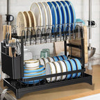 2-Tier Dish Drying Rack - Stainless Steel Dish Racks for Kitchen Counter, Space-Saving Kitchen Counter Organizer with Cutlery/Cup Holders & Draining Tray, Rustproof Multifunctional Drainer (Black)