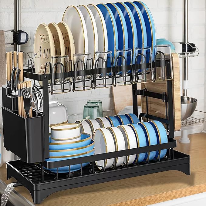 2-Tier Dish Drying Rack - Stainless Steel Dish Racks for Kitchen Counter, Space-Saving Kitchen Counter Organizer with Cutlery/Cup Holders & Draining Tray, Rustproof Multifunctional Drainer (Black)