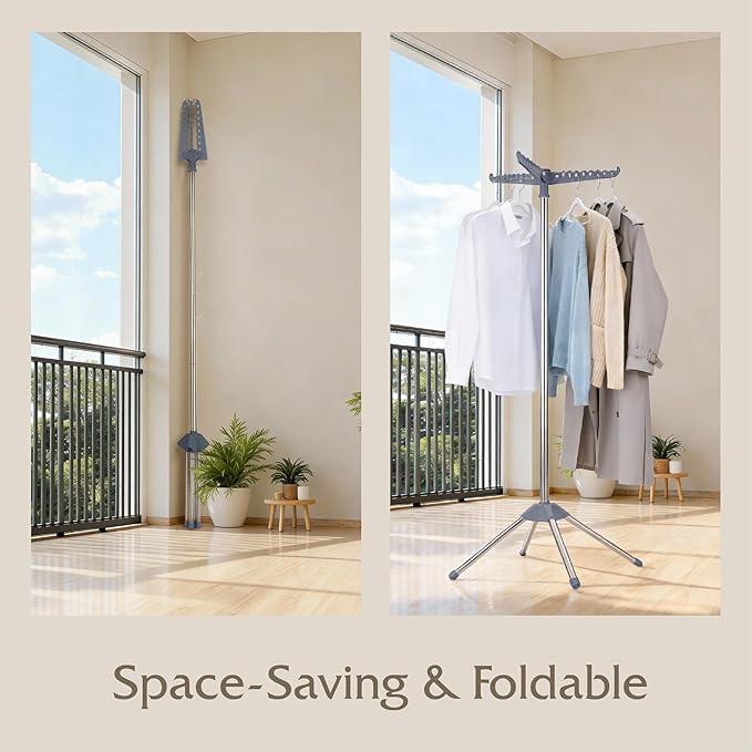 Beaudaily Clothes Drying Rack, Foldable Laundry Drying Rack, Indoor 59-Inch Drying Rack Clothing with 3 Rotatable Arms, Stainless Steel, Holds 27 Pieces, Space Saving, Portable, Grey and Silver