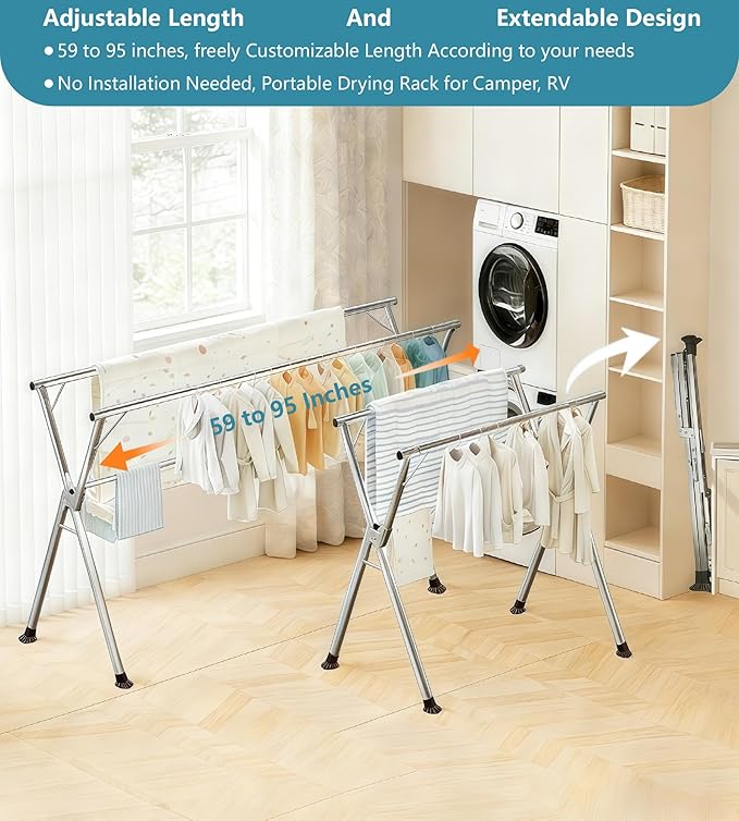 Clothes Drying Rack 95 Inches Folding Indoor Outdoor, Drying Rack Clothing Collapsible Windproof, Foldable Laundry Drying Rack, Heavy Duty Stainless Steel Clothes Rack, Coat rack, 20 Hooks 12 Clips