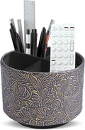 lizimandu Round Leather Art Supply Organizer,Remote Control Holder,360 Degree Spinning,Multi-Functional Pencil Holder,4 Compartments Desktop Stationary Organizer(1-Carved Cooper Gold)