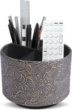 lizimandu Round Leather Art Supply Organizer,Remote Control Holder,360 Degree Spinning,Multi-Functional Pencil Holder,4 Compartments Desktop Stationary Organizer(1-Carved Cooper Gold)