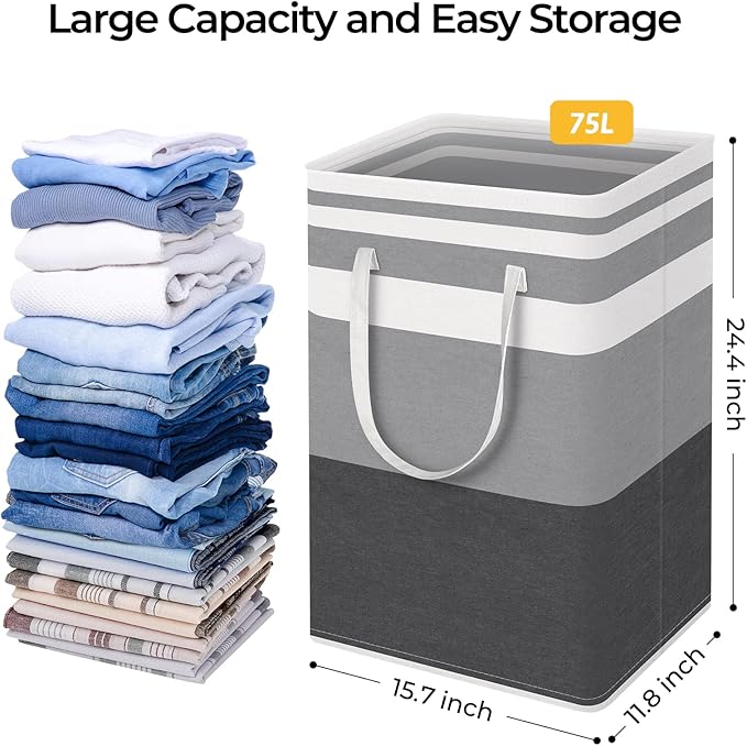 HomeHacks 4-Pack Large Laundry Basket,75L Each Waterproof, Freestanding Laundry Hamper, Collapsible Tall Clothes Hamper with Extended Handles for Clothes in the Dorm and Family-Gradient Grey