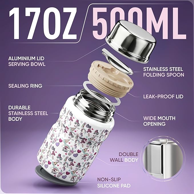 Earth&ME 17 OZ Soup Thermo for Hot & Cold Food for Kids, Vacuum Insulated Steel Lunch Container, Kids Wide Mouth Bento Thermal Food Jar, Warm Food Lunchbox Thermo Bowls with Spoon (Unicorn)