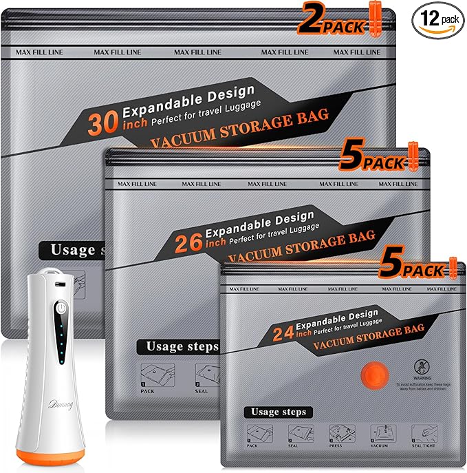 Vacuum Storage Bags for Travel with Rechargeable Air Pump, 12 Pack Space Saver Bags for Clothing, Luggage & Suitcase Compression, Efficient & Portable Storage Solution for Travel Essentials