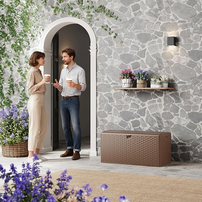 Garvee 100gal Outdoor Storage Box, Lockable Plastic Deck Box with Lid, Waterproof & UV-Resistant Storage Bin for Patio Cushions, Garden Tools & Pool Accessories, Brown