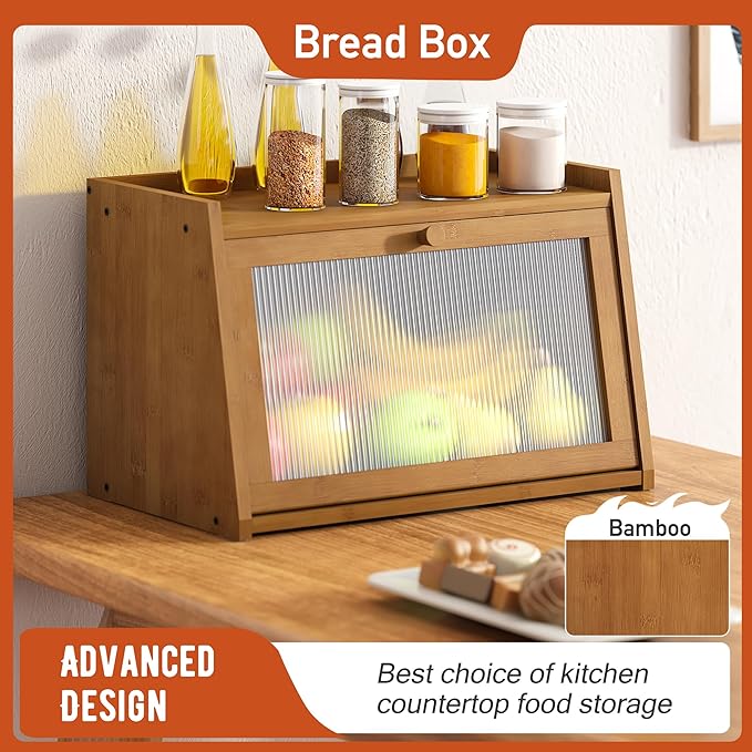 GHWIE Large Bread Box, Easy Access & Cleaning - Bamboo Bread Box for Kitchen Countertop with Acrylic Door (Coffee, Medium)