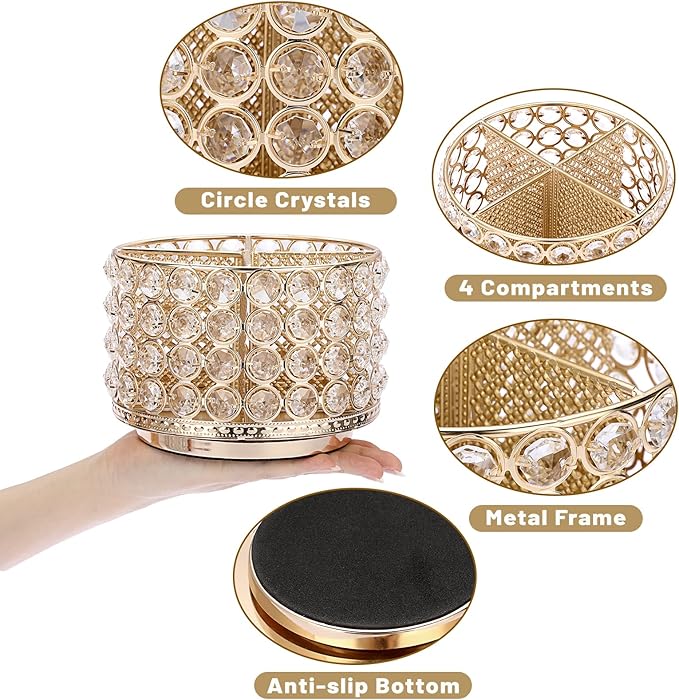 BTSKY Crystal 360 Degree Rotating Desk Organizer Decorative Storage Box with 4 Compartments, Glitter Metal Makeup Brush Holder Elegant Storage Caddy Home Decor Gift for Women, Round-4 Slots Gold