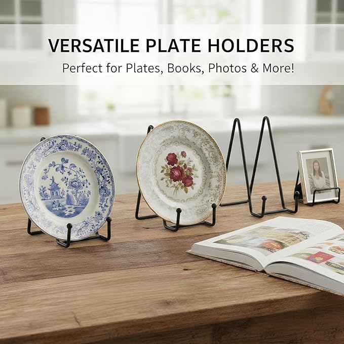 Plate Stands Holder - 3 Pack, Picture Frame Display for Bookcase, Photo on Table Top (Black, 4.5")