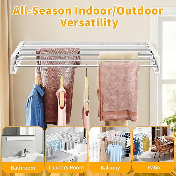 Wall Mounted Laundry Drying Rack, 31.5'' Collapsible Clothes Rack with 5 Rods, Heavy Duty Foldable Space Saving Laundry Drying Rack for Clothing & Towels