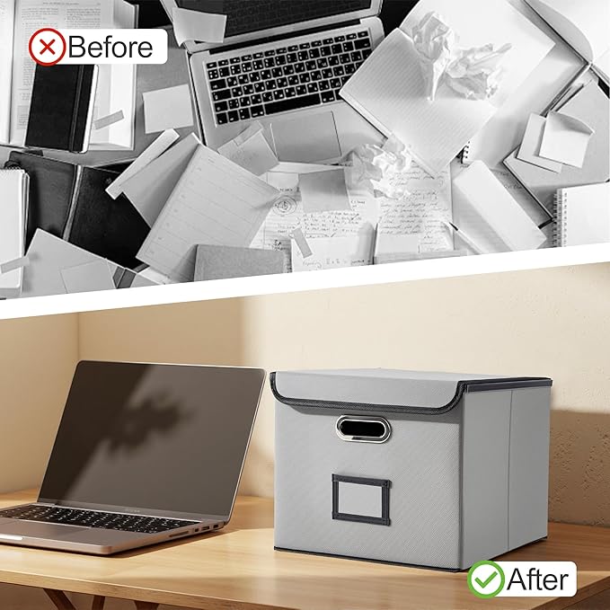 Collapsible File Box with Lid & Plastic Slide - Hanging Document Organizer for Office/Home, 14.96x12.6x10.83 Inch,Decorative Home File Bin,Light Grey, 1 Pack (No Folders Included)