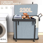60 Gal (230L) Laundry Hamper 3 Section with Lid, Leather Patchwork Laundry Sorter with Rolling Lockable Wheels and Handle, Laundry Basket Organizer for Laundry Room, Bedroom and Bathroom - Gray