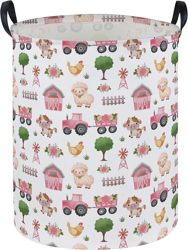 Essme Kids Laundry Basket,Farm Hamper Collapsible Canvas Waterproof Storage Bin for Girls, Pink Hamper,Gift Baskets(Pink Farm)