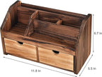 Rustic Torched Dark Brown Wood Desk Organizer Wooden Tabletop Stationery Holder Multiple Compartments Slots 2 Drawers Storage Cabinet Office Supplies Makeup Accessory Sorter Display Box Home