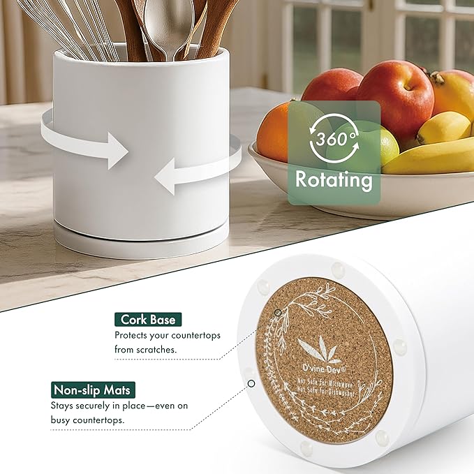 D'vine Dev 360° Rotating Utensil Holder – 7.2" Kitchen Utensil Crock for Countertop, Modern Cooking Tool Organizer for Kitchen Storage & Décor, White, 72-X-A-2