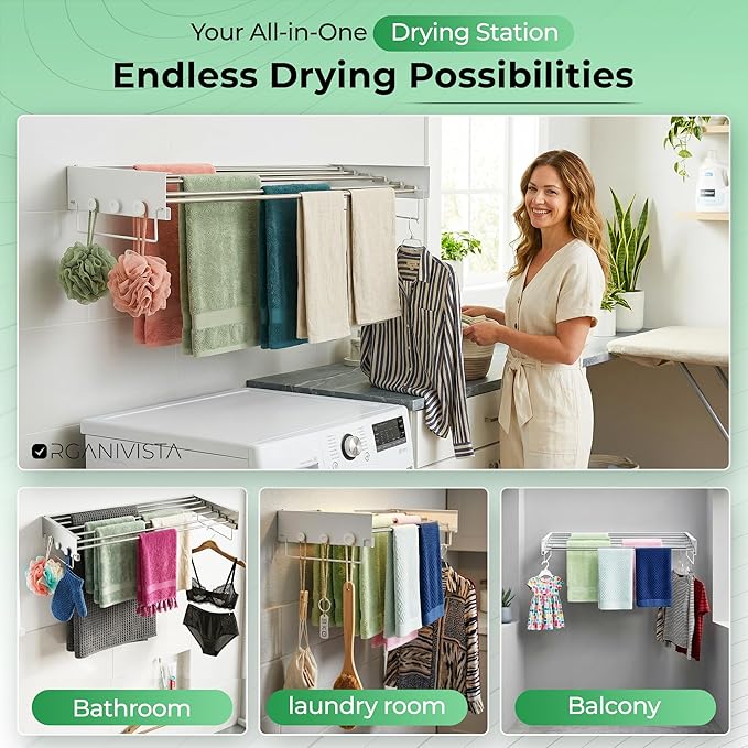 Laundry drying rack wall mount(28-INCH White), a wall mount clothes drying rack solution with reinforced metal frame, easy installation in tight spaces and foldable; drying rack clothing wall mounted.