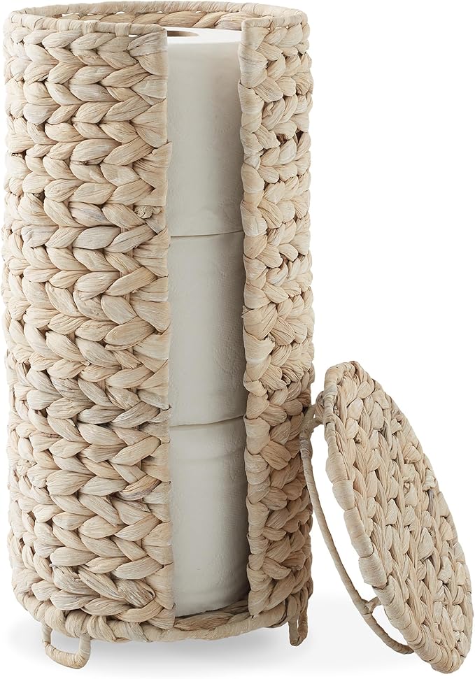 Casafield Free Standing Toilet Paper Storage Roll Holder with Lid - Whitewash, Fits 3 Rolls, Water Hyacinth Bath Tissue Organizer for Bathroom