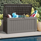 JUMMICO 120 Gallon Resin Deck Box, Large Outdoor Storage Box Waterproof & Lockable for Garden, Patio, Pools (Light Brown)