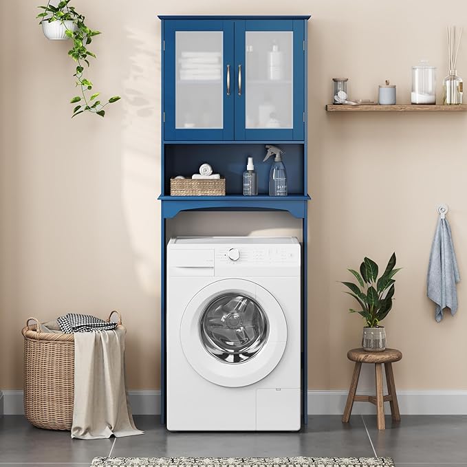 Yaheetech Over The Toilet Storage Cabinet, Free Standing Toilet Rack with Adjustable Shelves and Tempered Glass Doors for Bathroom Washroom, Navy Blue