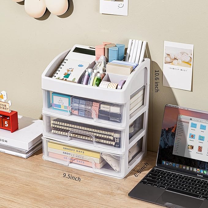Desk Organizer with Drawers, 3 Drawers Storage Organizer, Desktop Storage Drawers for Office/School Supplies, Plastic Stationary Makeup Organizer, Desk Storage Box for Office, School, Home