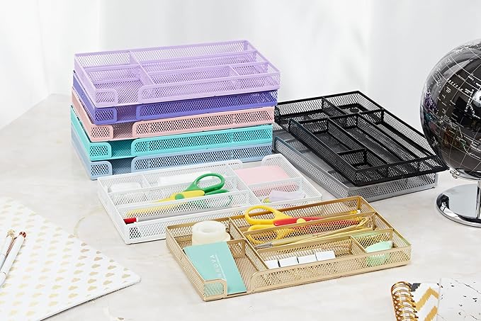 Annova Desk Drawer Organizer Tray for Office Organization - Metal Mesh - Storage Tray with Dividers for Pens, Desktop Accessories, Bathroom, Kitchen, Makeup and Office Supplies (Small, Silver)