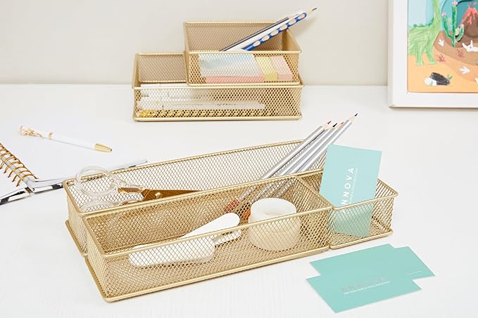 Annova Mesh Stackable Drawer Cabinet and Shelf Organizer Bins Storage Basket School Office Supply Holder Tray- Set of 2 (Gold, 6x15x2 Inch)