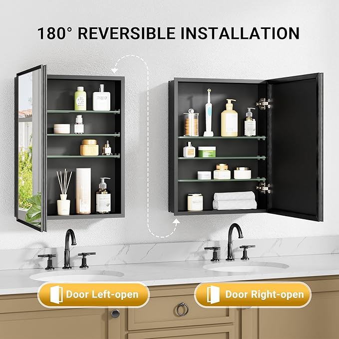24x30 Pre-Assembled Black Medicine Cabinet with Mirror, Surface or Recessed Medicine Cabinet Mirror for Bathroom, Aluminum Beveled Frame Bathroom Vanity Mirror with Adjustable Shelves Storage