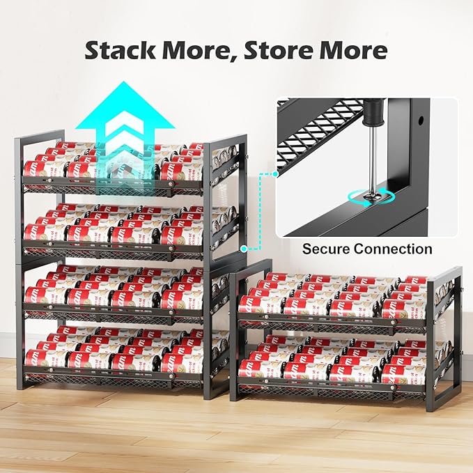 iSPECLE Extendable Can Organizer for Pantry, Adjustable Width Can Storage Organizer for 48 Cans, Heavy Duty Auto Rolling Dispenser Rack, Stackable Metal Shelf Holder for Soup Spices Snacks, Black