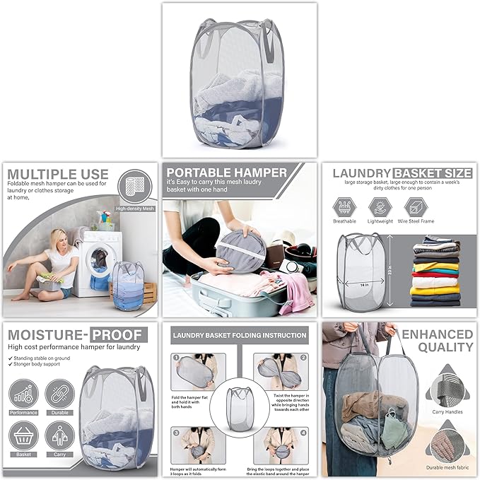 DecorRack 1 Pack Mesh Pop Up Laundry Hamper, Lightweight Foldable Clothes Basket with Easy Carry Handles, Durable Mesh Design for Air Circulation and Simple Storage, Gray (1 Pack)